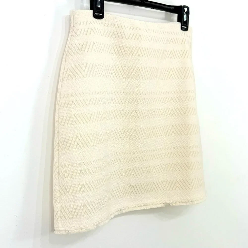 LOFT Cream Zigzag Textured Jacquard Frayed Hem Mini Pencil Skirt